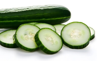 Fresh Green Cucumber Slices and Whole Cucumber on White Background