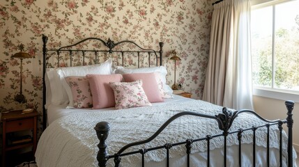Wrought iron bedframe with floral wallpaper and soft bedding in cozy bedroom