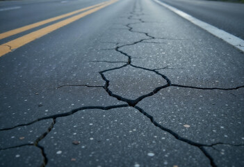 Obraz premium Cracked asphalt surface shows wear and tear on a road with yellow and white road markings.