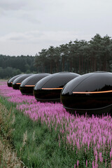 Futuristic eco farm with sleek black pods surrounded by vibrant pink flowers and lush greenery, showcasing innovation
