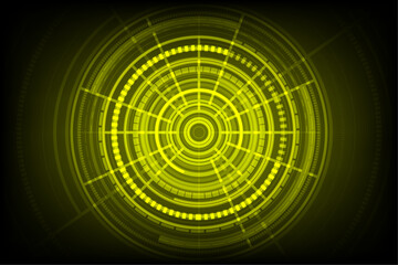 Glowing Yellow radar screen with abstract technology design in a futuristic background. UI HUD screen tech system innovation concept. AI background template. Vector Illustration images.