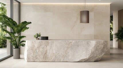 Minimalist hotel spa interior showcases stone seating, light beige walls, and natural light for a tranquil experience