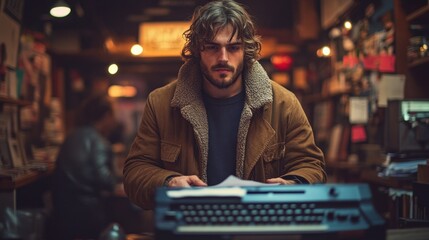 Obraz premium Focused man types on vintage typewriter in a bookstore