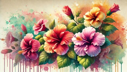 A vibrant watercolor painting of blooming hibiscus flowers in a variety of colors, including red, pink, yellow, and orange, with lush green leaves