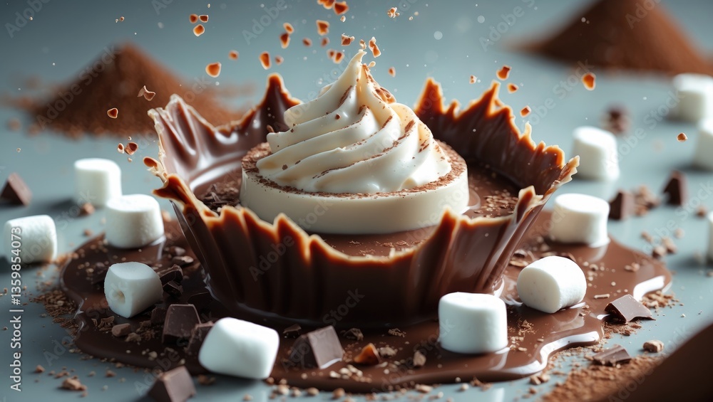 Poster a milk chocolate explosion featuring white chocolate and hot cocoa paired with tiny marshmallows. en
