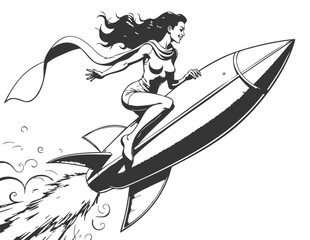 A pin-up style woman riding a rocket with a confident expression, reflecting adventure in a vintage sci-fi sketch style AI generative vector illustration. Imitation of scratchboard engraving. Black an