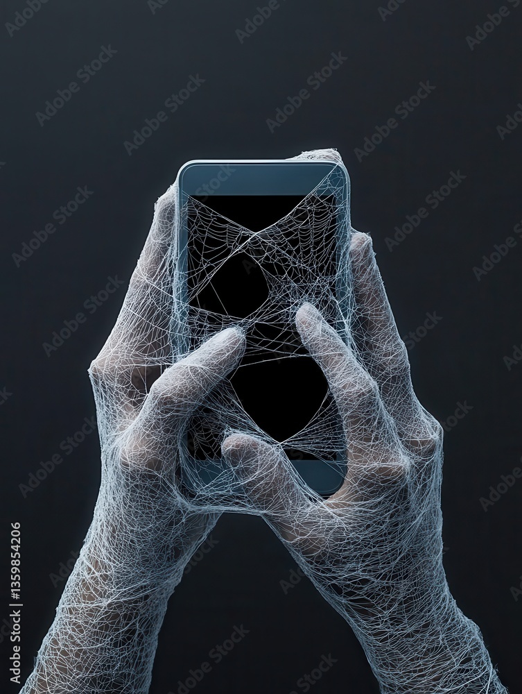 Poster smartphone addiction concepts. a digital visualization of hands enveloped in web-like structures, ho