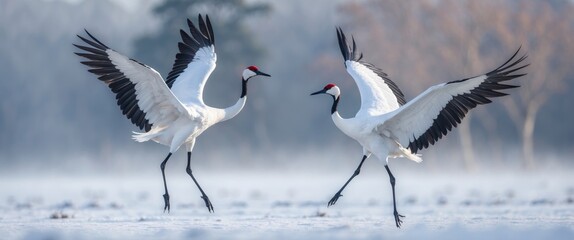 Obraz premium Animal love mating behavior, bird dance. Pair of large white birds dancing with open wings, snowy performance in nature. Courtship in the snow.