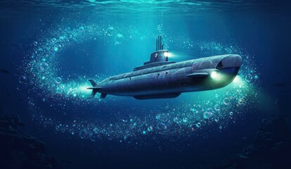 Fototapeta premium A submarine surrounded by bubbles in a deep blue ocean. An illustration.