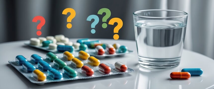 Incorrect use of medicine or incorrect dosage with pills, a glass of water, and a question mark.