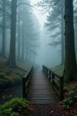 Obraz premium Foggy forest with old wooden bridge and mossy trees, moss, nature