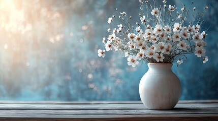 Serene Spring Bouquet: White Flowers in Rustic Vase