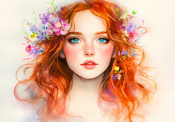 Obraz premium Radiant Beauty: A captivating portrait of a young woman adorned with flowers, her fiery red hair cascading around her face, framed by a soft, dreamy backdrop