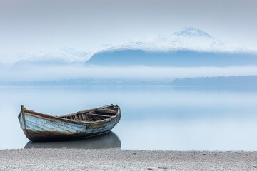 An old shipwreck on the shore of Loch Shian, with snow-capped mountains in the background, in the misty morning light.