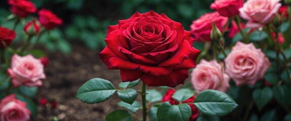 A striking red rose, a fragrant hybrid tea rose representing love, desire, and devotion.