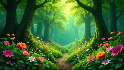 Forest with lush greenery and vibrant flowers, wildlife, nature lovers
