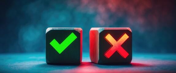Symbols of right and wrong on wooden cubes set against a background. Evaluation of exams or tests, approval or disapproval, voting yes or no, and decision-making concept of positive or negative.