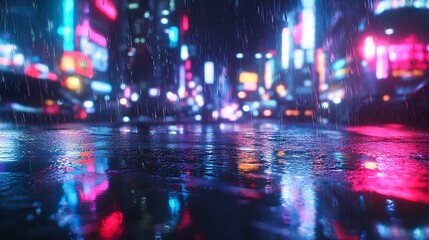 Obraz premium Glitching neon city reflections in a cyberpunk rainstorm