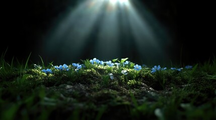 Small, vibrant blue flowers emerge from dark, mossy ground, illuminated by beams of light