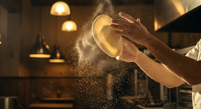 Chef preparing pizza dough by tossing it with flour in restaurant