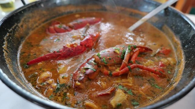 A delicious arroz caldoso de bogavante served at a beachfront restaurant in Arrieta, Lanzarote. The steaming seafood dish, rich in flavor, is enjoyed with a stunning ocean view.