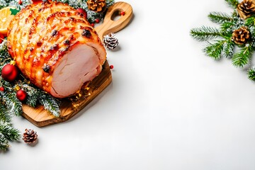 Naklejka premium Glazed Christmas Ham on Wooden Board Festive Food Photography