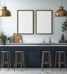 Modern Kitchen Interior with Navy Cabinets Brass Accents and Two Empty Frames in Minimalist Style