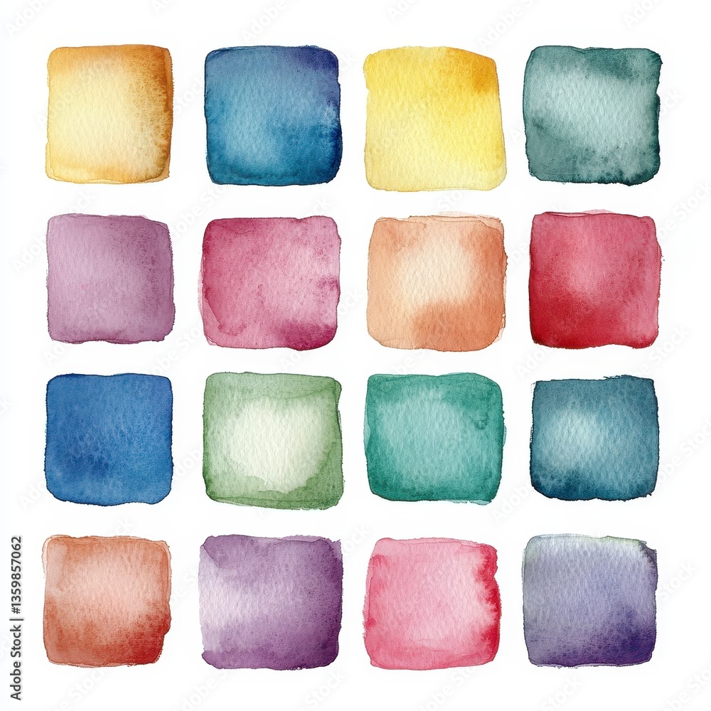 Poster multicolor watercolor squares pattern isolated on white background with artistic texture and abstrac