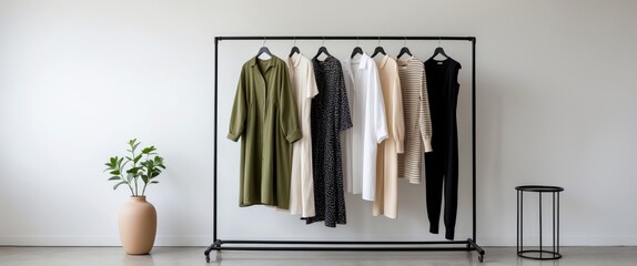 A rack displaying fashionable clothing adjacent to a white wall in the room. Clothing retail idea. Advertise, sale, fashion.