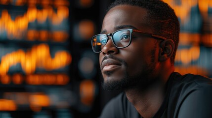 Focused young man with glasses, thoughtful expression, digital backdrop