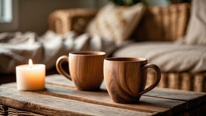 Two wooden cups are the focus of this selective emphasis in a living room featuring a coffee table and a soft backdrop. A candle, wicker furniture crafted from recycled materials, and bedding in a ...