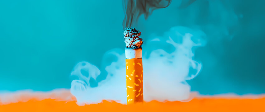 Smoking Hazard: A close-up captures a lit cigarette, emitting a stream of toxic smoke against a vibrant backdrop, a stark visual reminder of the dangers of smoking