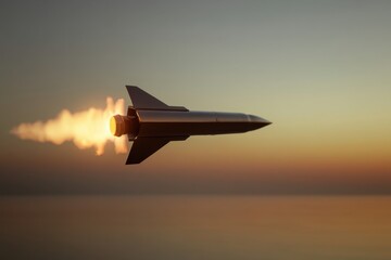 Rocket launches at sunset with a fiery exhaust trail over calm waters