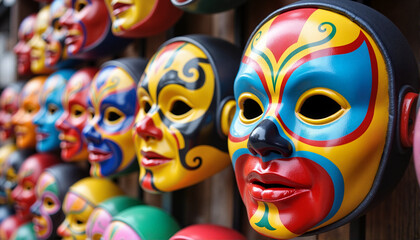 Obraz premium Colorful decorative masks displayed on a wooden wall for blogs, websites, arts and culture projects, design concepts, educational materials, and festive decorations