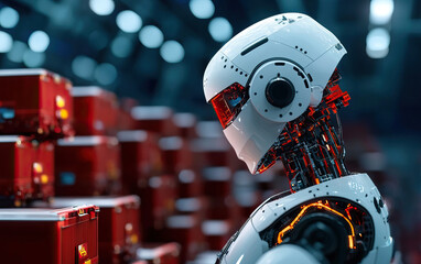 Fototapeta premium futuristic robotic customs officer stands cargo area, scanning containers with advanced technology. scene conveys sense