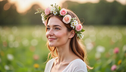 Naklejka premium Woman wearing floral crown smiling in a vibrant flower field for blogs, websites, greeting cards, nature-themed designs, and educational materials about flora and wellness