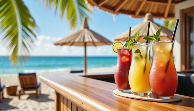 Colorful cocktails on a beachside bar with ocean views for travel websites, summer-themed blogs, event promotions, party invitations, and tropical getaway presentations
