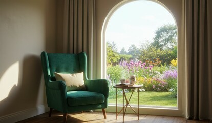 Obraz premium Elegant living space with armchair, tea set and garden view. Calm and peaceful.