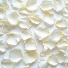 Scattered White Rose Petals on White Background in Soft Light for Romantic Floral Backdrop