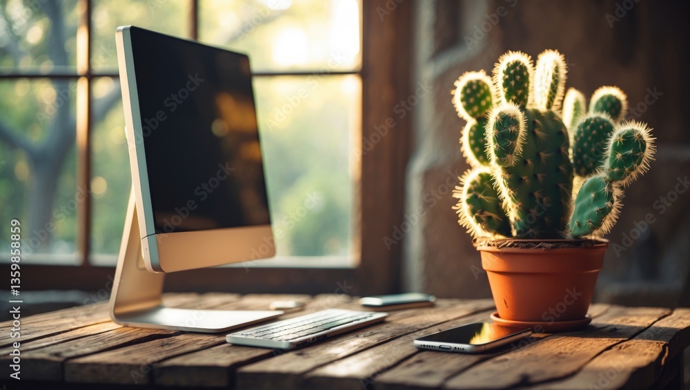 Poster all-in-one computer alongside a smartphone and cactus on a wooden table by the window.