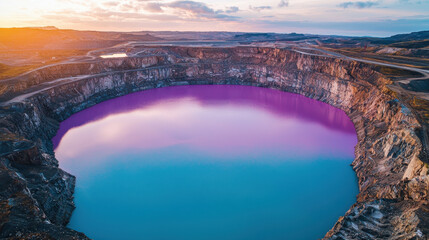 Aerial view of vibrant tailings pond reflecting colorful hues sunset, showcasing nature beauty