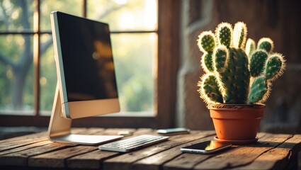 All-in-one computer alongside a smartphone and cactus on a wooden table by the window.