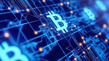 Fototapeta premium Digital Currency Connectivity, vibrant transaction lines connect glowing dots on a world map, bright cyan-blue hues illuminate cryptocurrency symbols, showcasing global digital economics.