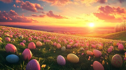A breathtaking Easter sunset over a flower field, pastel-colored eggs nestled among pink and yellow tulips.  