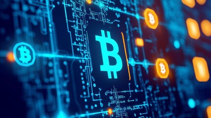 Fototapeta premium Global Digital Currency Network, vibrant transaction pathways in bright cyan-blue connecting glowing dots on a world map, illuminated cryptocurrency symbols depicting digital economics.