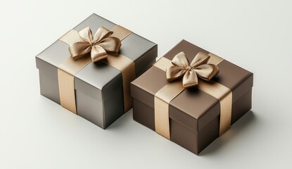 Fototapeta premium Two Rectangular Presents with Golden Ribbons One Gray One Brown Ideal for Celebrations and Holidays