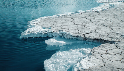 Cracked ice formations on frozen lake create stunning contrast with blue water