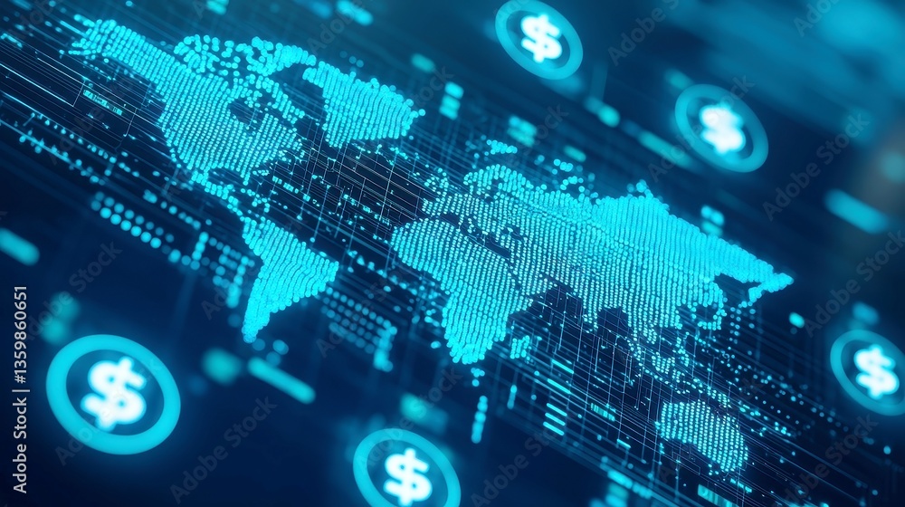Poster global digital wallet network illuminated interconnected digital wallets forming a global map with c