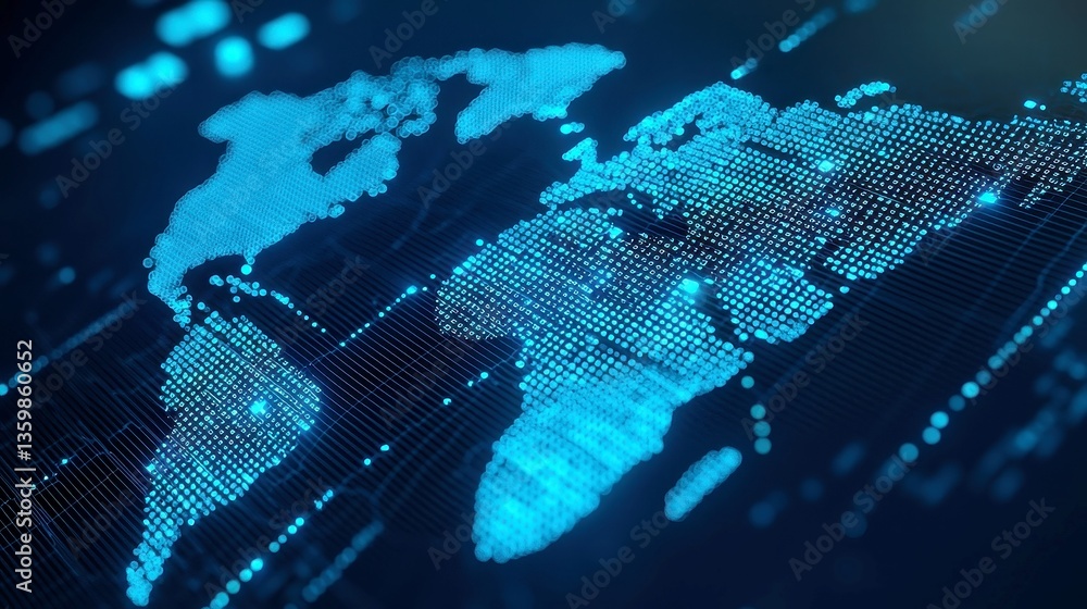 Poster global digital wallet network illuminated dots create a global map, with cyan pathways and currency 