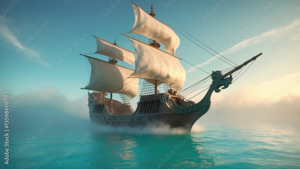 Poster three-dimensional representation of a galleon navigating tranquil waters.